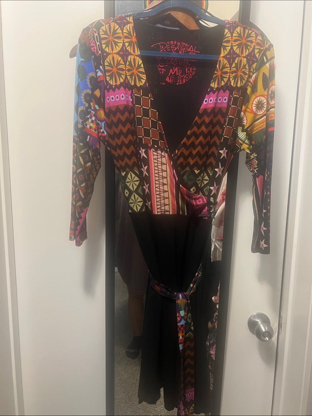 Desigual Multicolor Patterned Black V-Neck Long Sleeve Dress